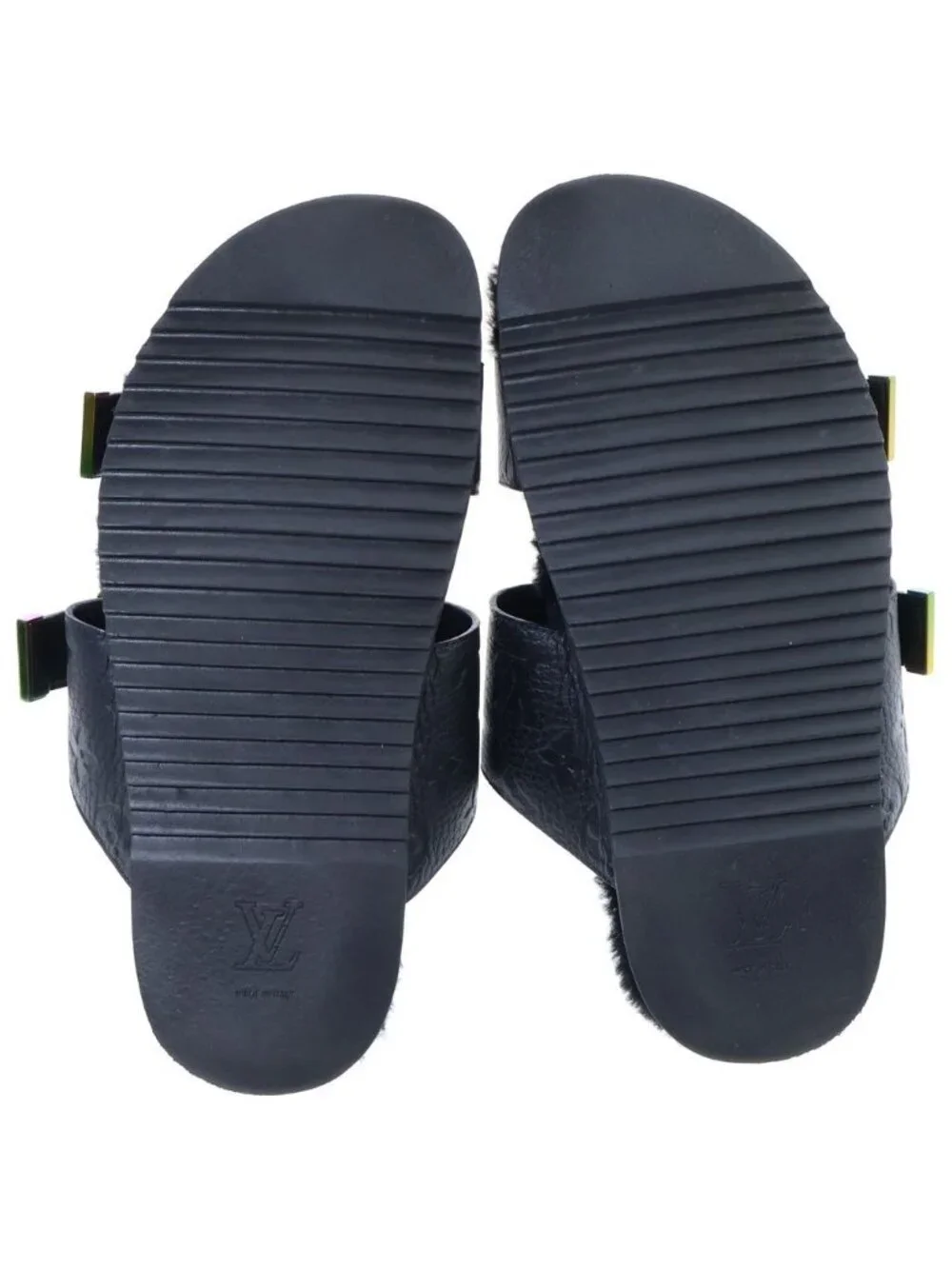 Louis Vuitton Monogram Mirabeau Line Empreinte Leather Sandals Shoes Fur Black